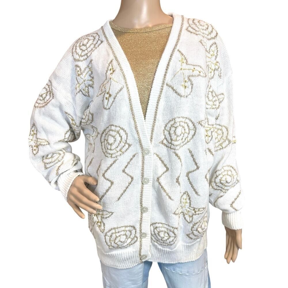 Cervelle Cardigan Sweater Women’s Large Abstract Geometric Embroidery VTG 90s